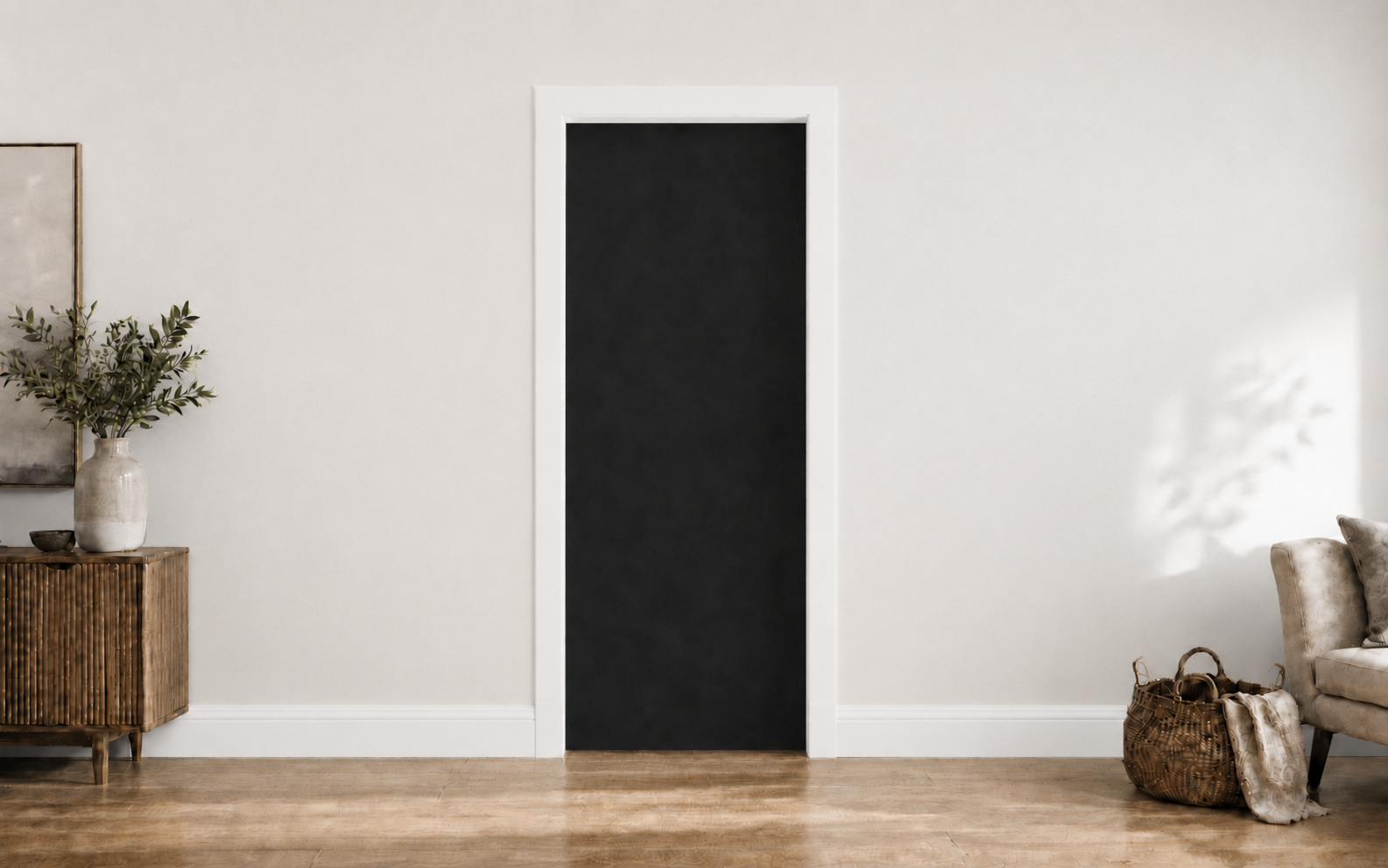 Photorealistic room with fitted white architrave and skirting